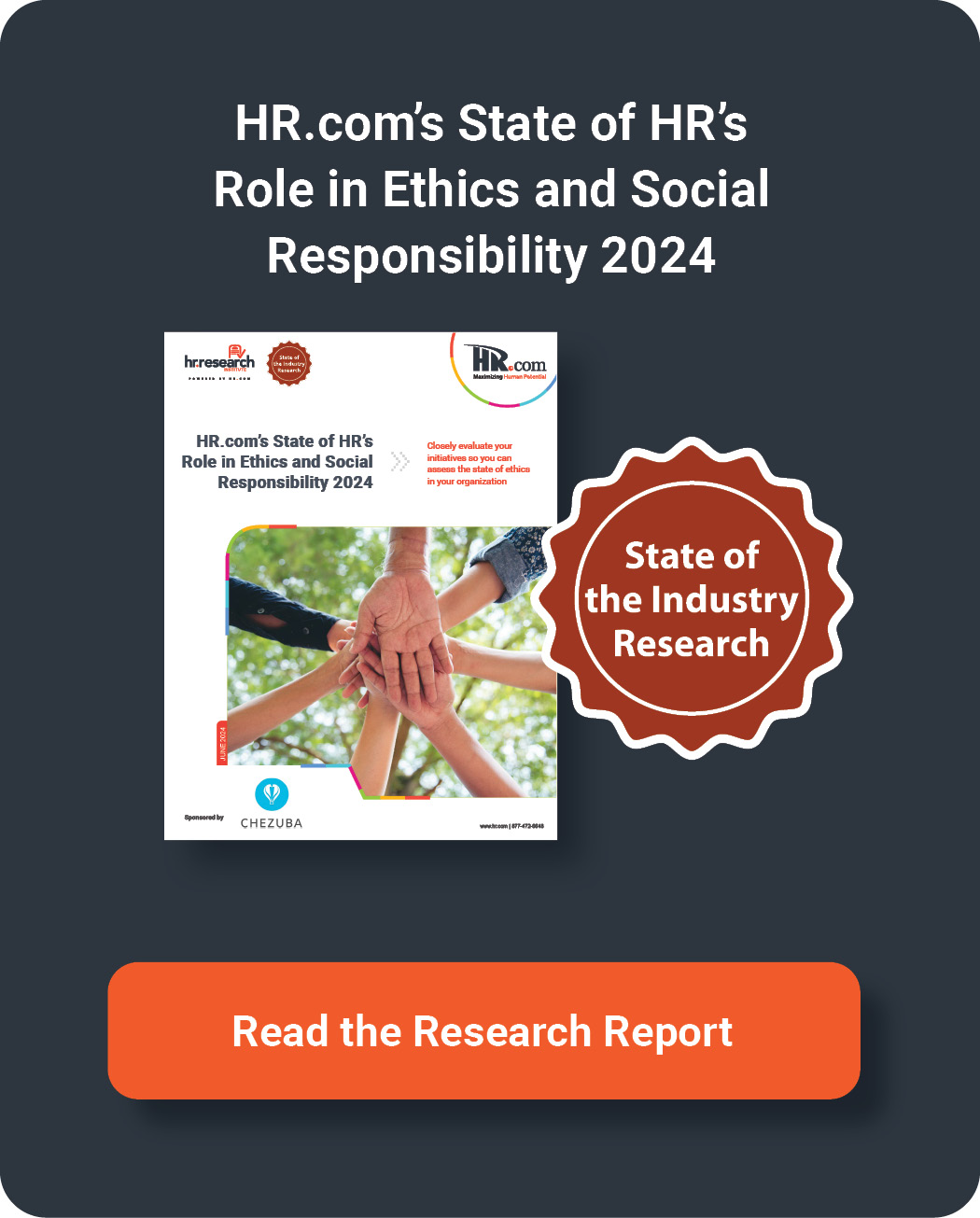 a click able button in dark grey and red color with state of industry research logo in it 
